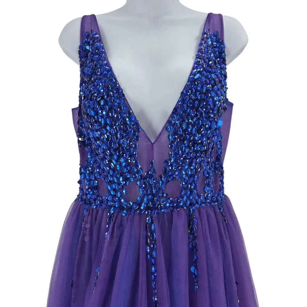Elegant Purple Evening Gown With Blue Rhinestone Details